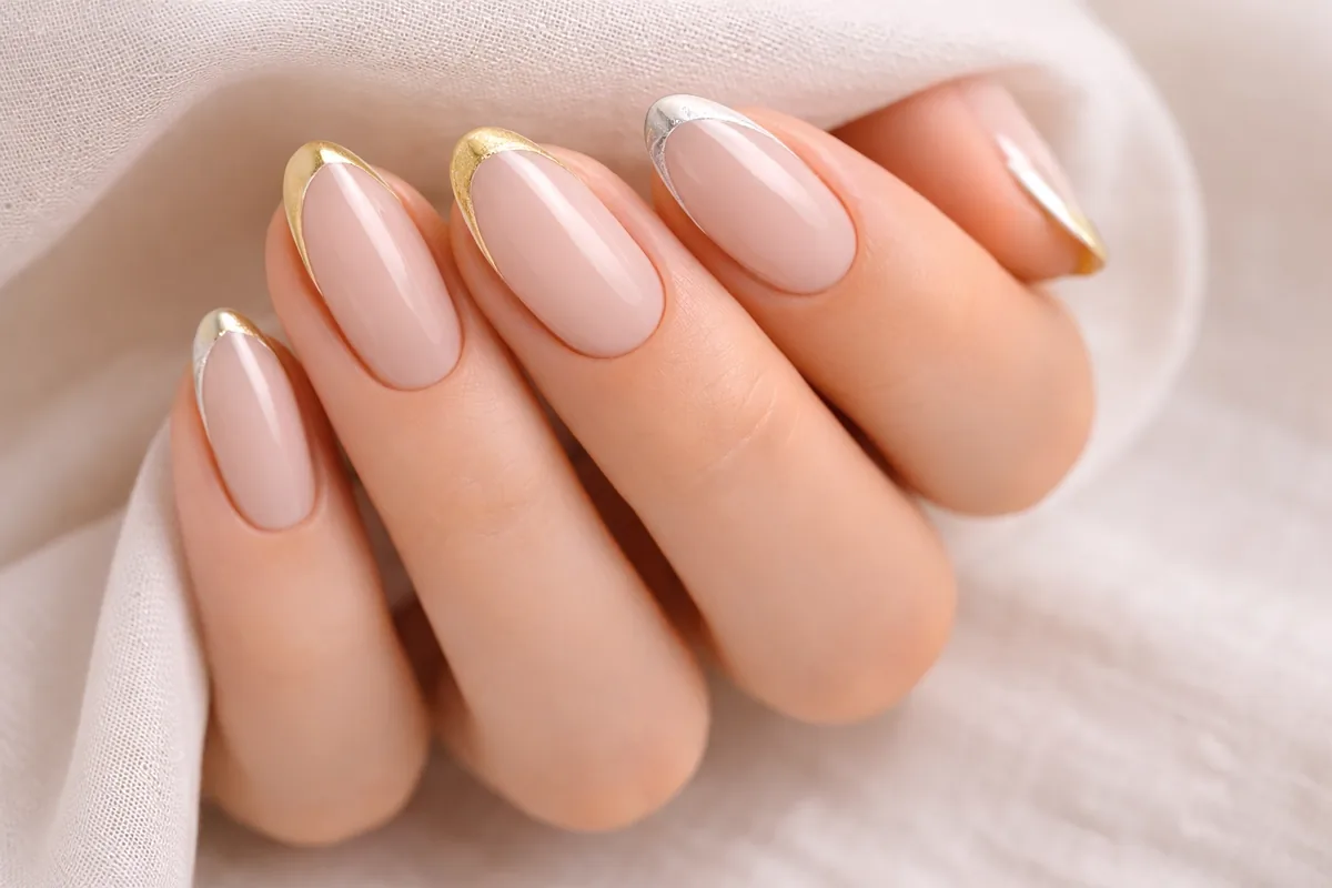 Abstract minimalist French tip nails with a wavy white line and dots