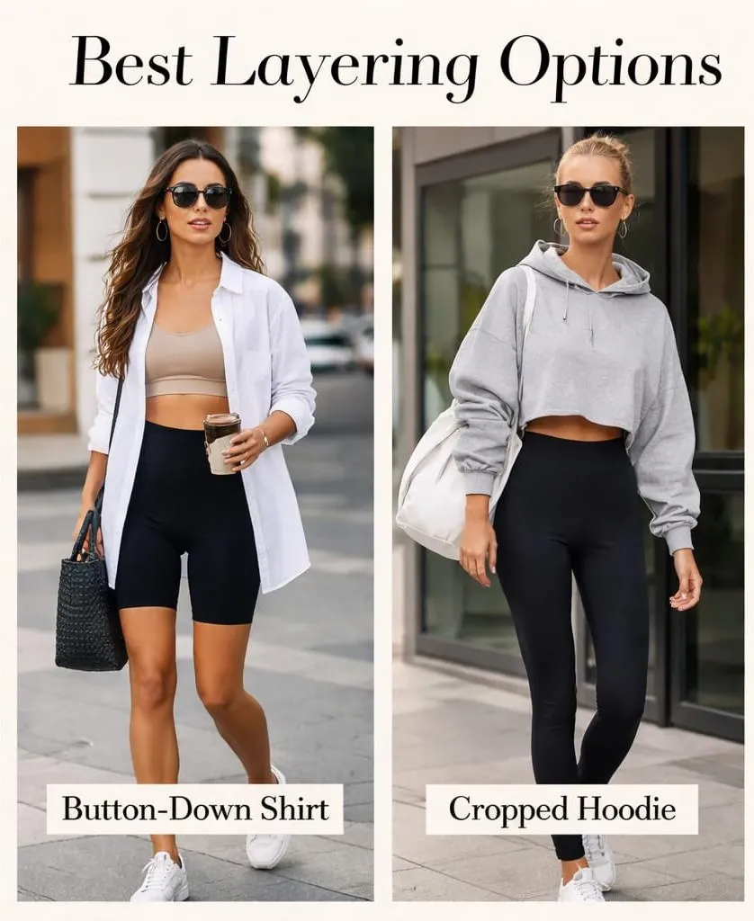 Best layering options for activewear — button-down shirt and cropped hoodie