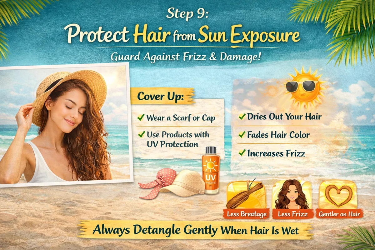 Avoid washing frizzy hair too frequently to keep natural oils in summer
