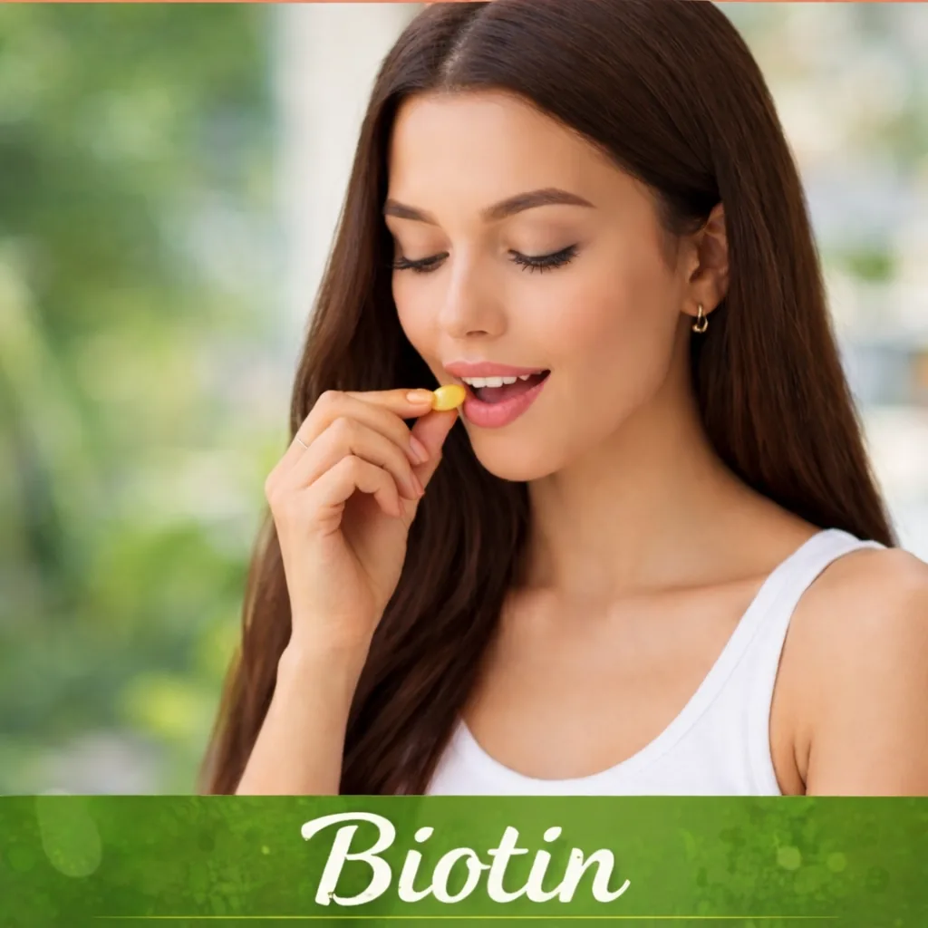 Woman taking a biotin supplement for healthy skin, hair and nails