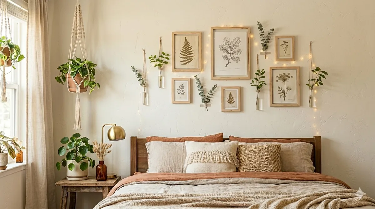 Botanical wall hanging with framed leaf prints and hanging plants