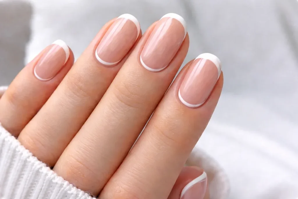 Minimalist French tip nails with thin white tips on a nude base