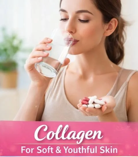 Woman taking a collagen supplement with water for soft, youthful skin