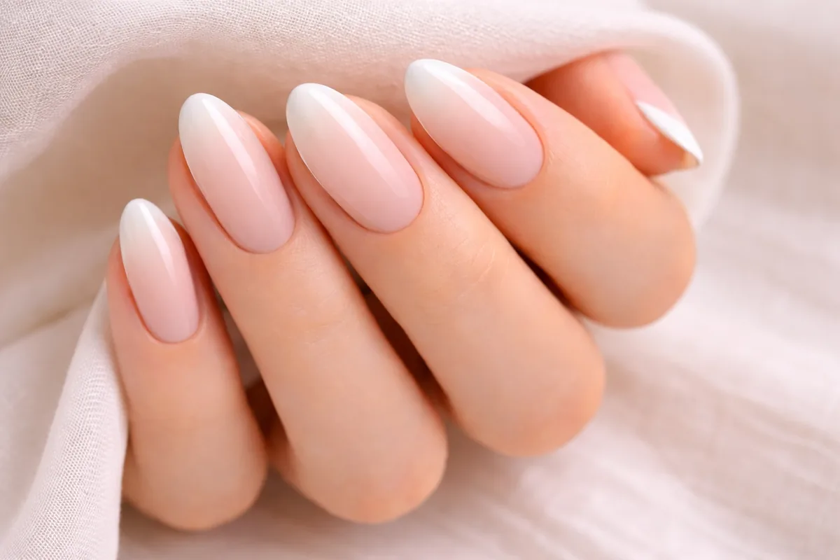 Colored French tip nails with soft green and lavender tips