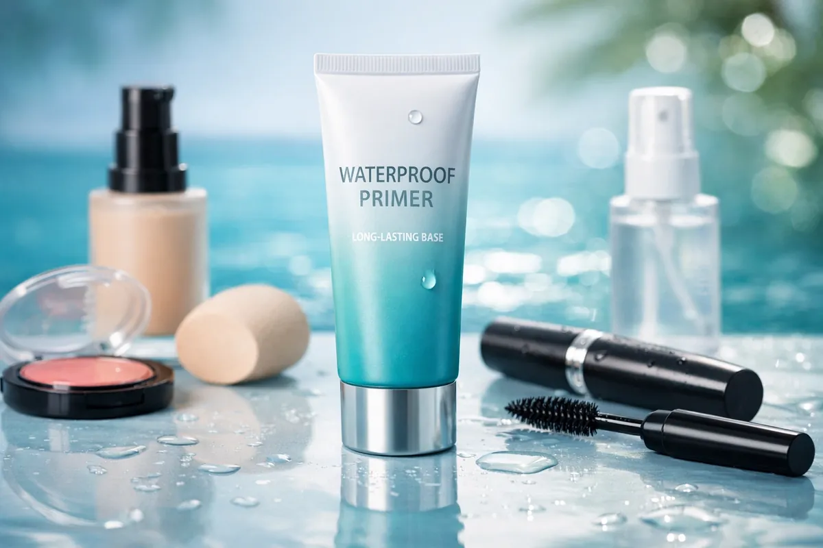 Woman by a pool holding cream blush — dewy, water-resistant cream blush and bronzer