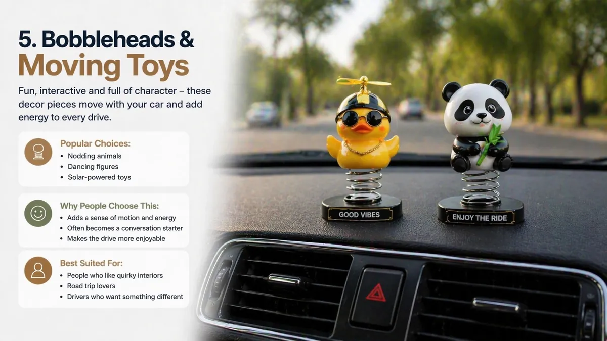 Cute character figurines on a car dashboard adding personality