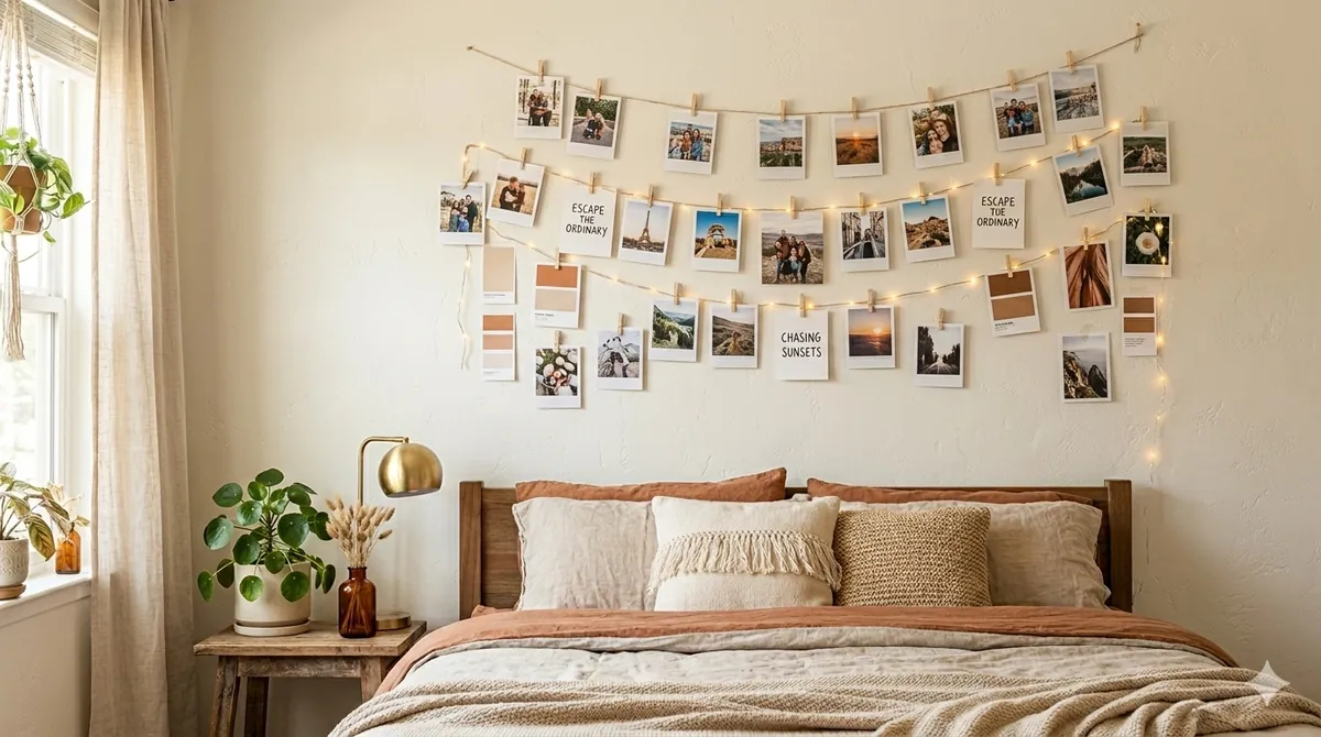 Cute photo wall with polaroid pictures and fairy lights in a bedroom