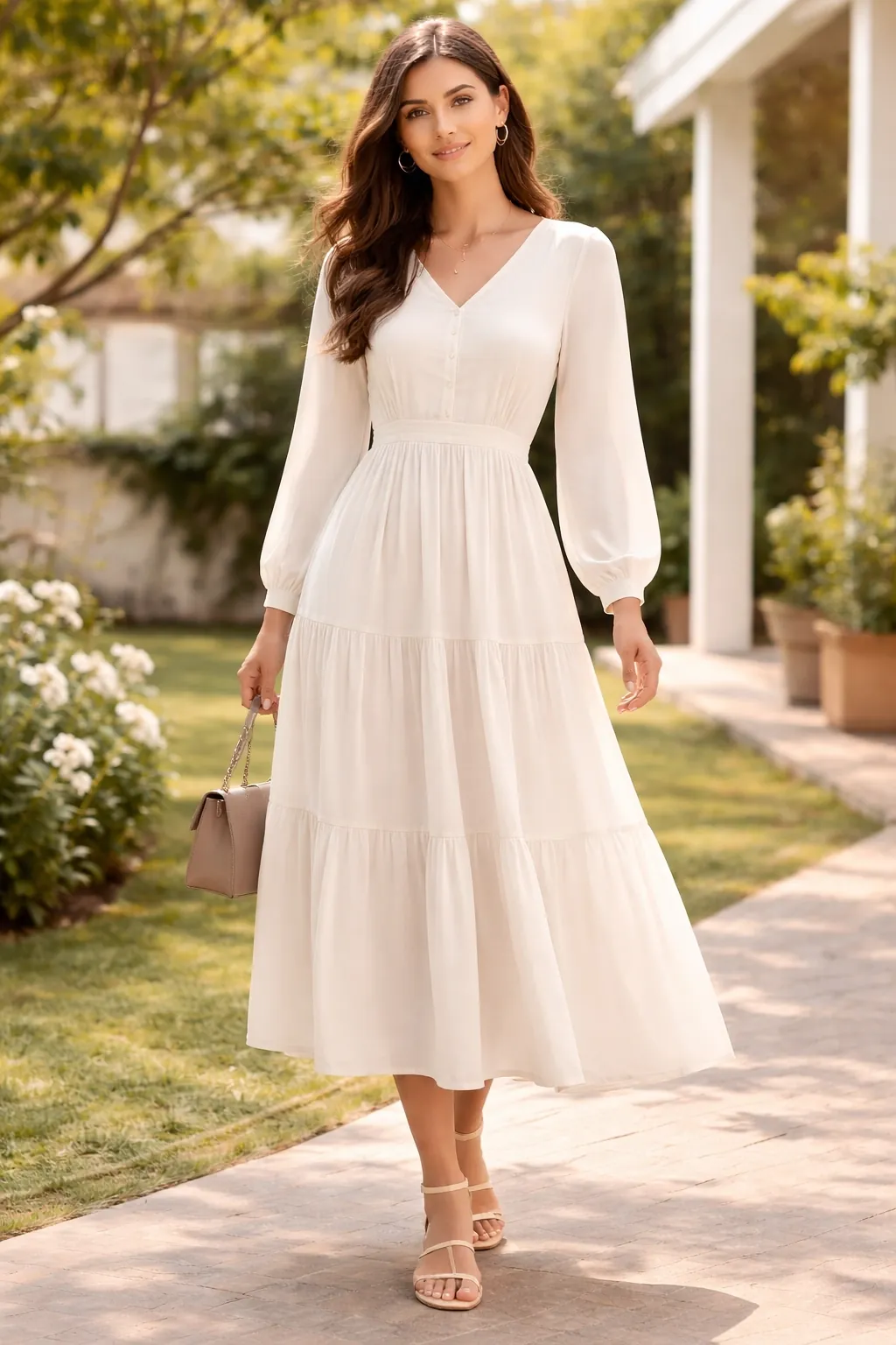 Woman in a denim button-front midi dress with white sneakers