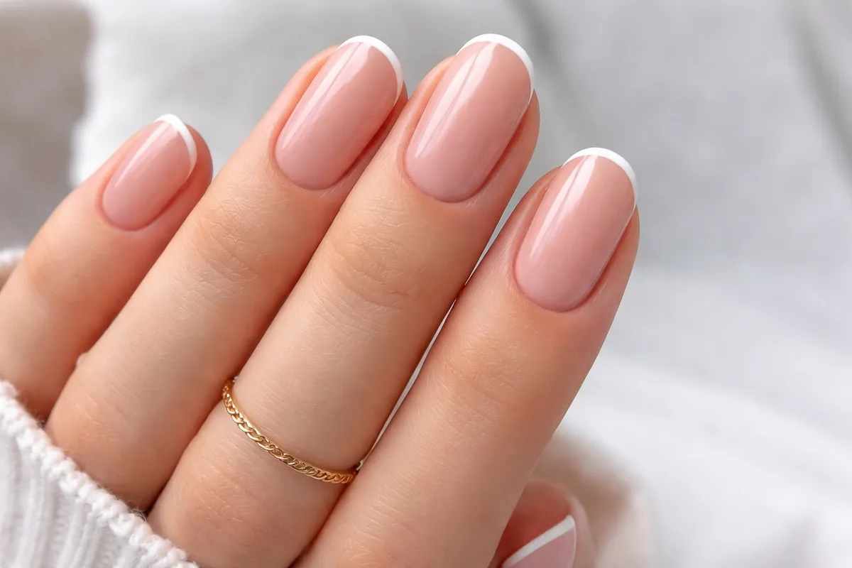 Diagonal French tip nails with angled white tips on almond nails