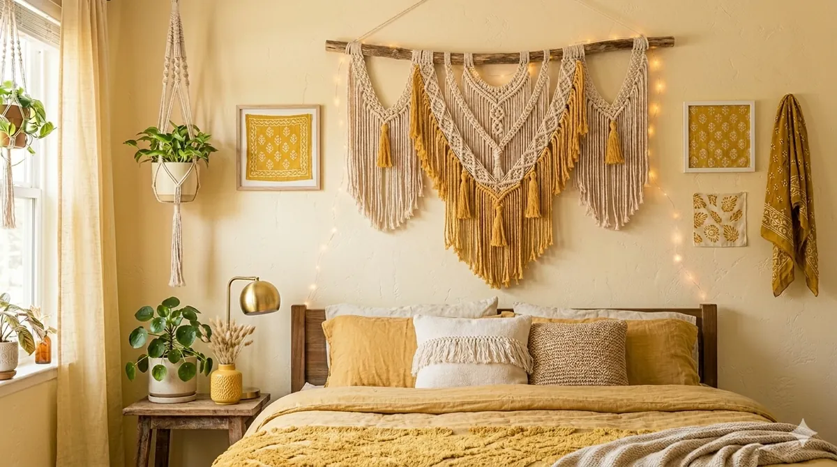 DIY fabric wall hanging with printed cloth in a bedroom