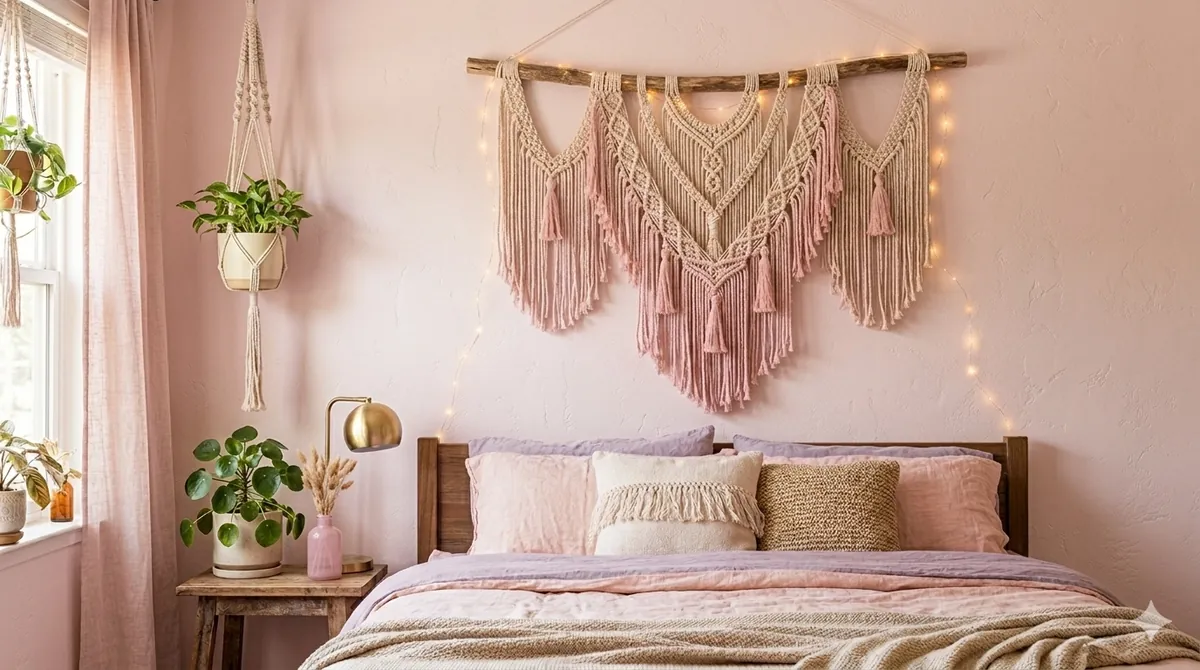 Fairy light wall hanging creating a cozy bedroom mood