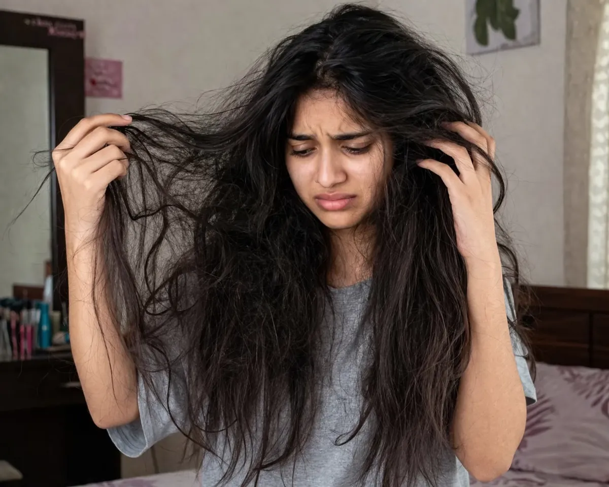 Woman styling her hair with a satin heatless curling rod