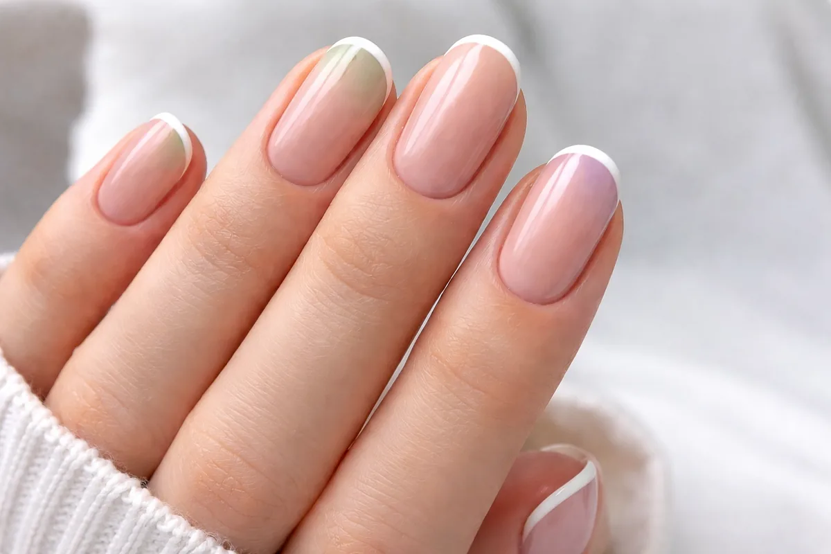 Glitter French tip nails with fine silver sparkle tips