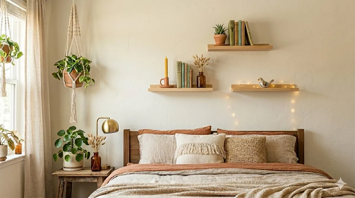 Hanging wall shelves with small decor, books and plants in a bedroom