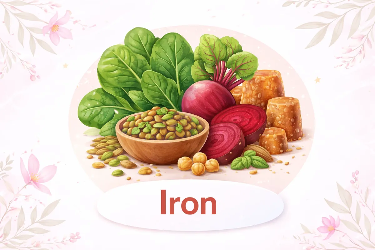 Iron-rich vegetarian foods like spinach, beetroot, lentils and jaggery