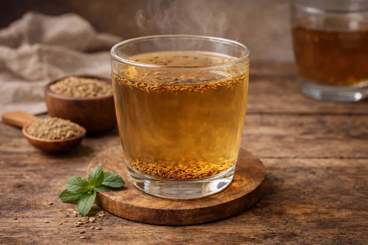 Jeera (cumin) water in a glass, a traditional morning drink for digestion and weight loss