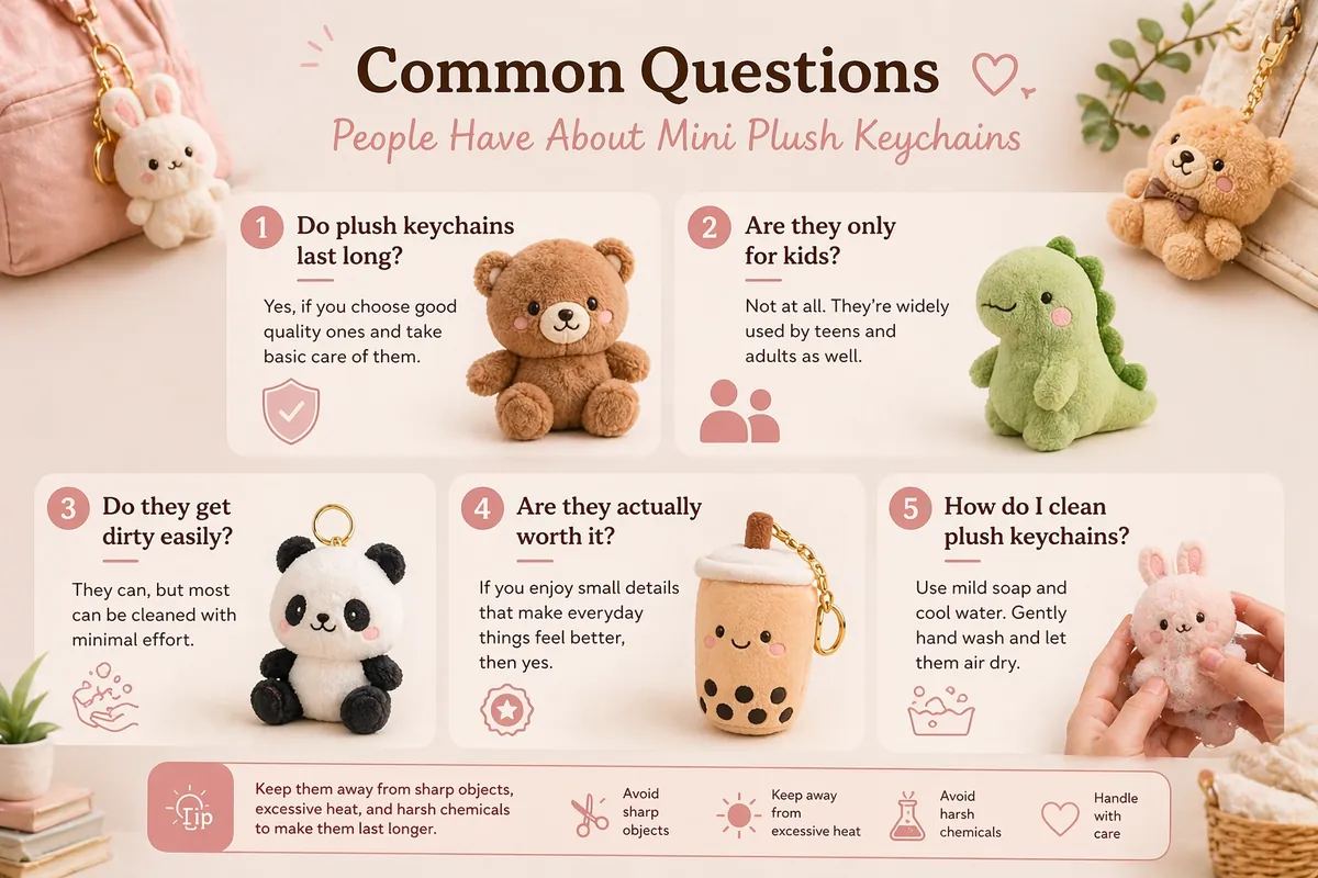 Kawaii-style plush keychains in soft pastel colours