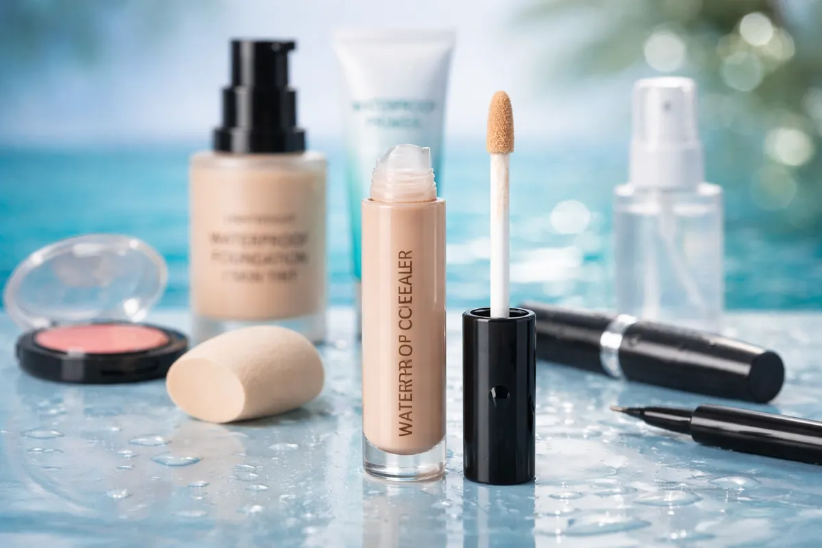 Woman grooming her brows poolside with a long-lasting waterproof brow product