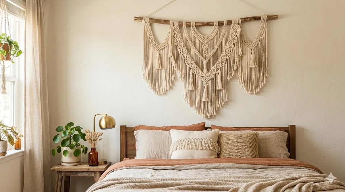 Macrame wall hanging above the bed for a soft boho bedroom