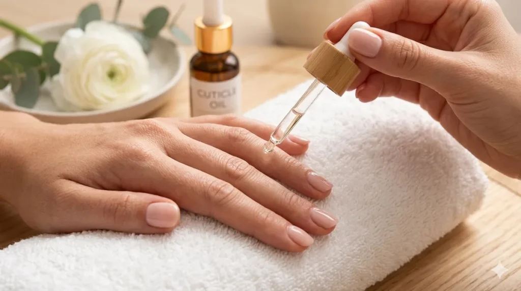 Applying cuticle oil to finish an at-home manicure