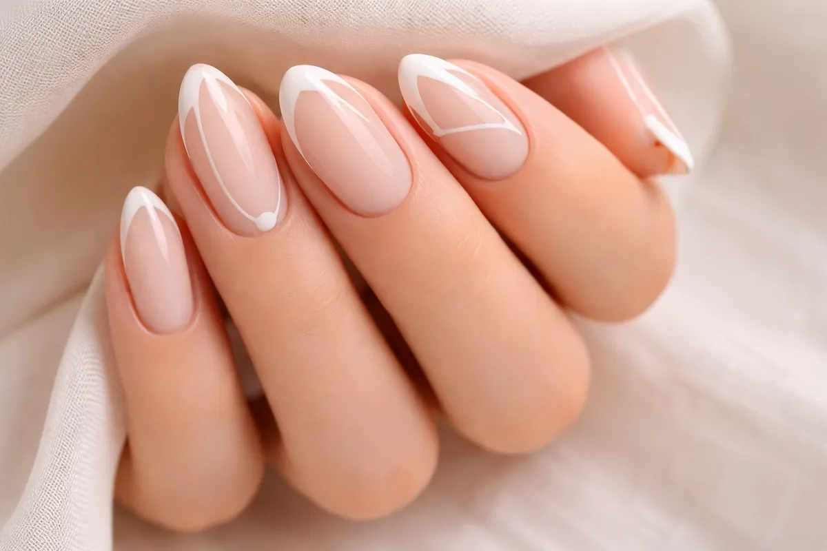 Micro French tip nails with thin white tips on short round nails