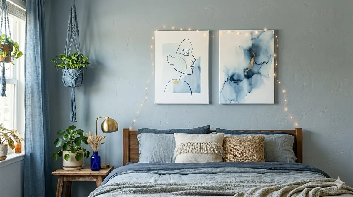 Minimal canvas line art wall decor in a calm bedroom