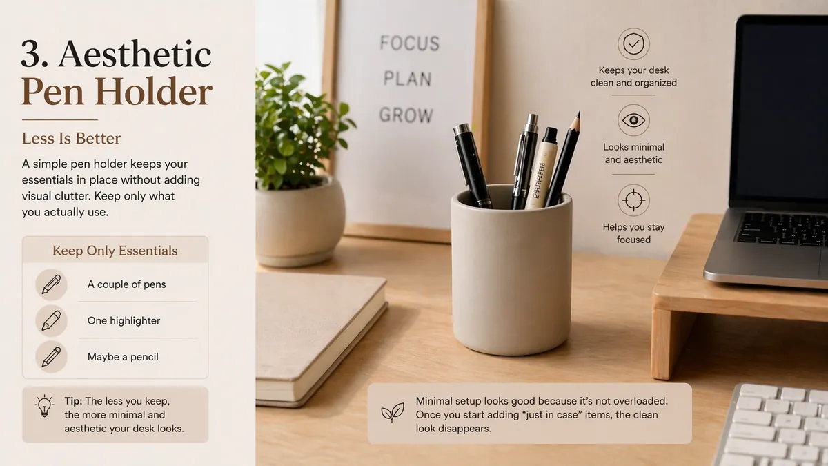 Minimal desk lamp with warm light on an aesthetic desk