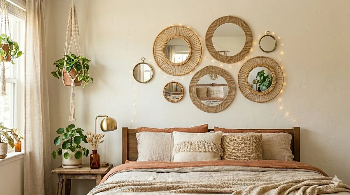 Round mirror wall hanging cluster in a stylish bedroom