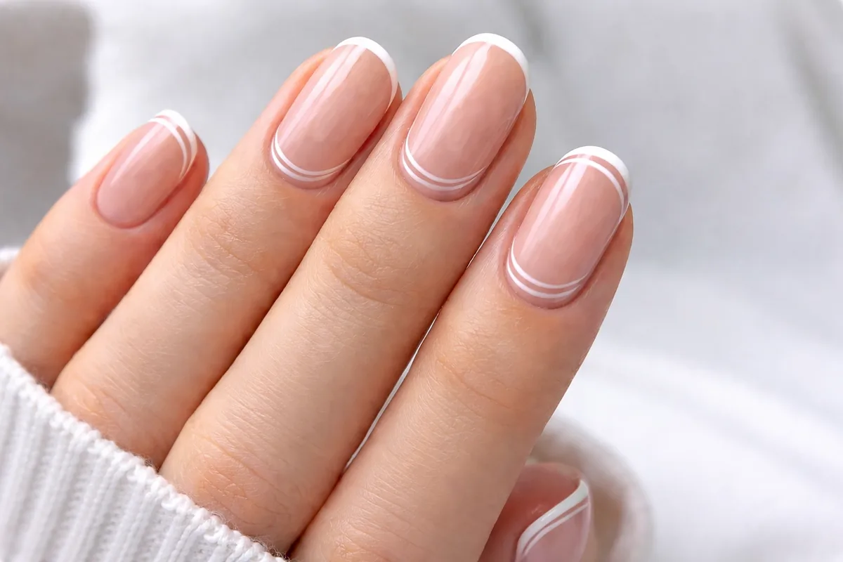 Negative space French tip nails with a white outline and bare nail