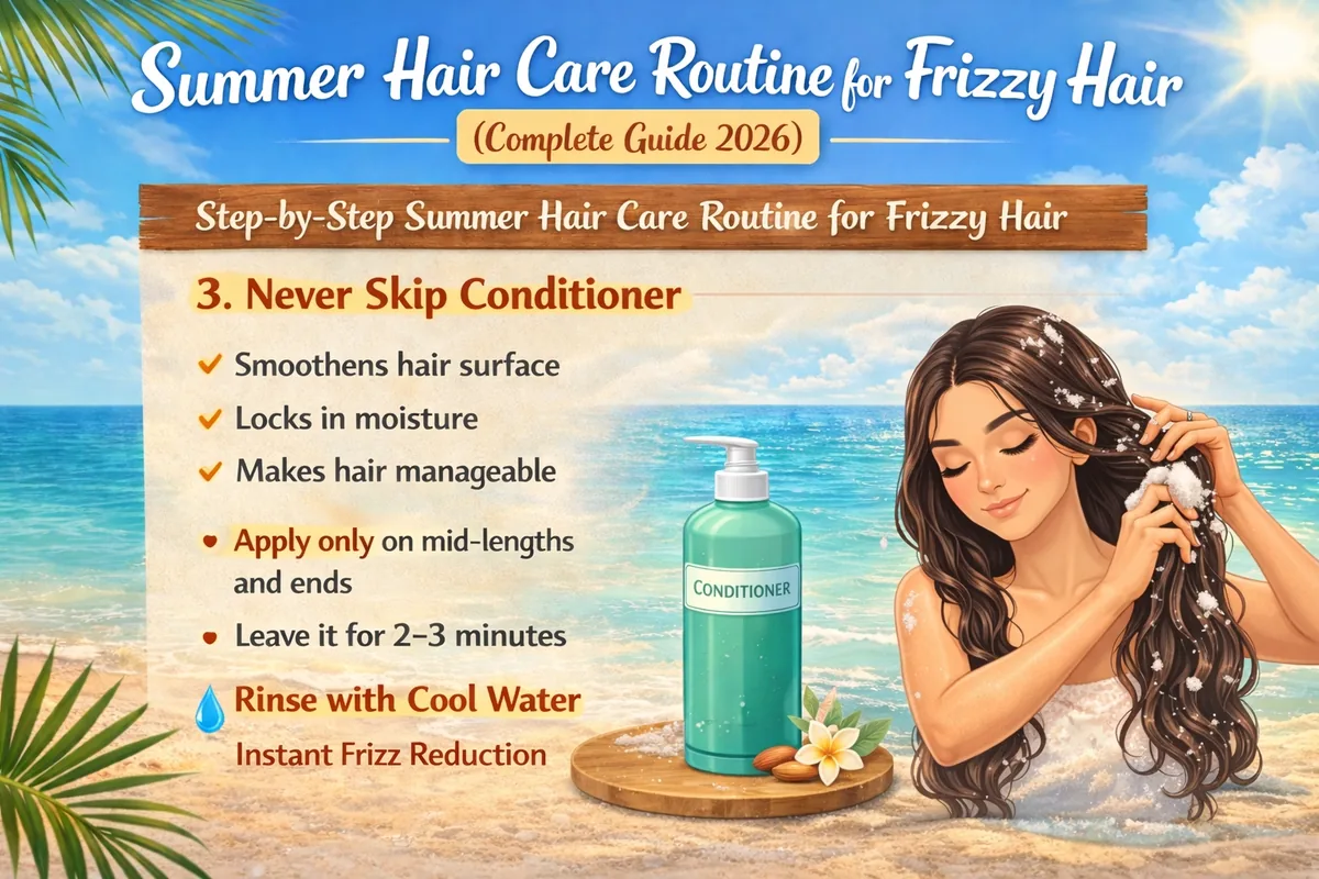 Applying conditioner on mid-lengths and ends to reduce frizz in summer