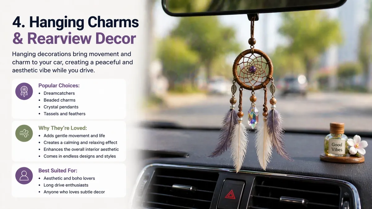 Personalized name plates and figurines on a car dashboard