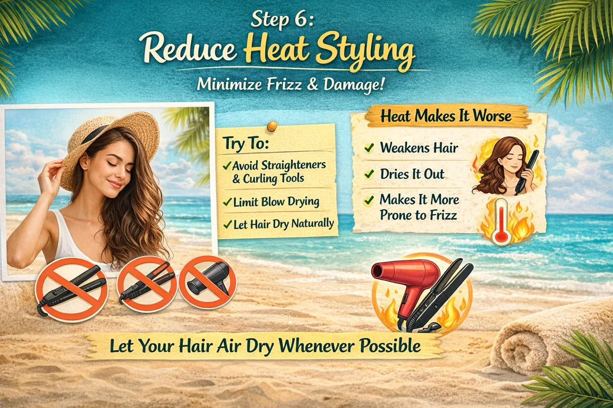 Reduce heat styling to prevent summer hair frizz and damage