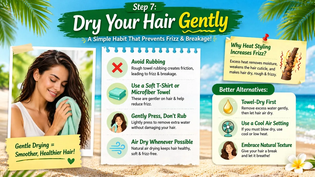 Applying anti-frizz serum on damp hair to control flyaways
