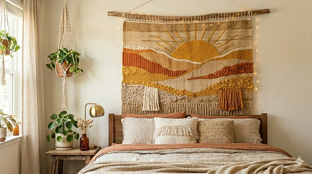 One big statement woven sun tapestry above the bed