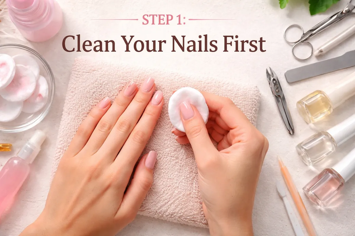Step 1 cleaning nails with a cotton pad before a manicure