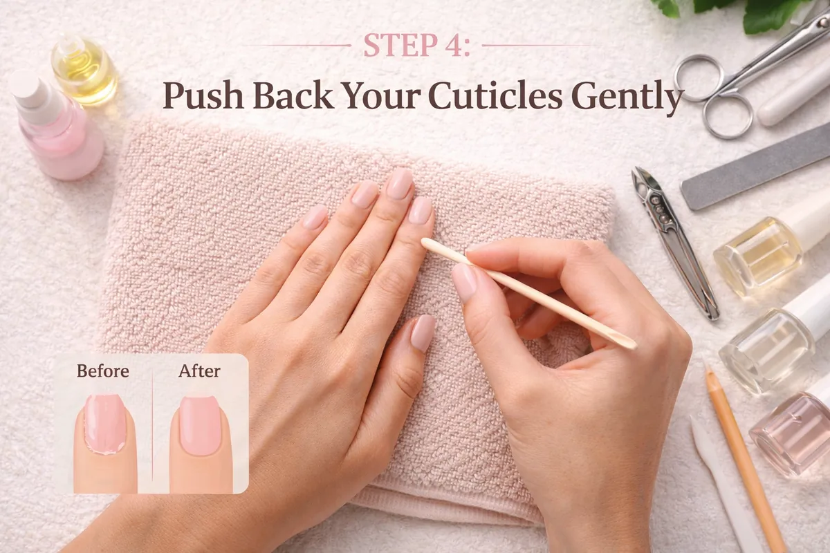 Step 4 gently pushing back cuticles with a cuticle pusher
