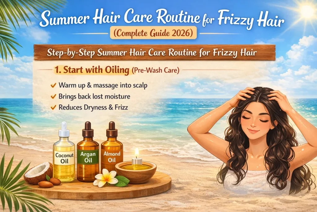 Warm oil scalp massage as pre-wash care in a summer hair care routine for frizzy hair