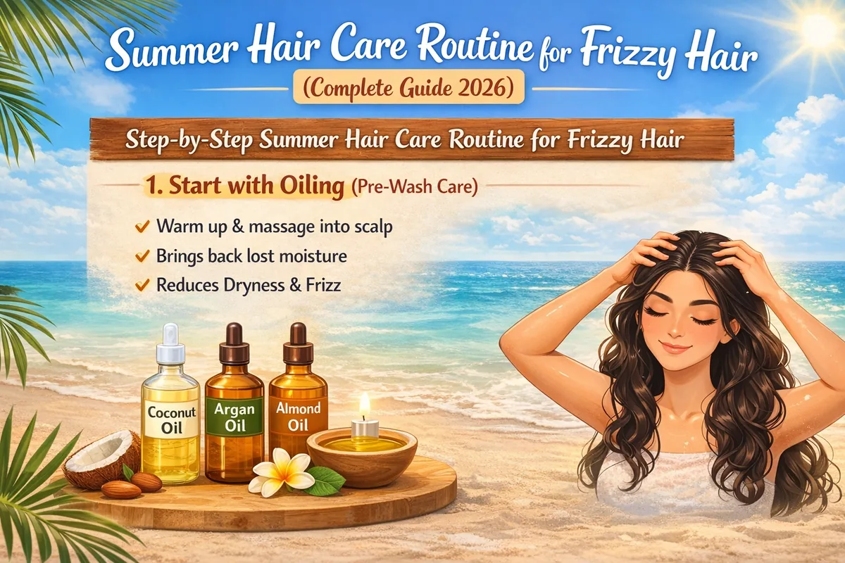 Warm oil scalp massage as pre-wash care in a summer hair care routine for frizzy hair