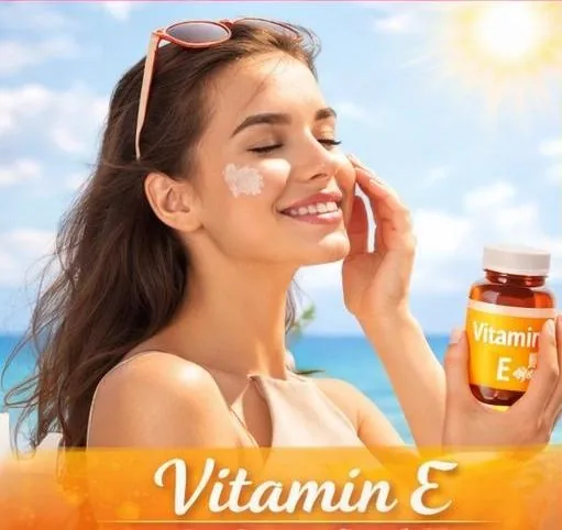Woman applying cream with a vitamin E supplement for sun protection
