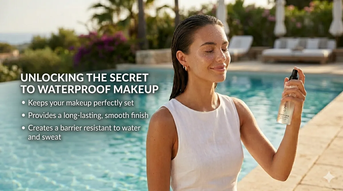 Woman applying waterproof eyeliner poolside for a soft, blended look