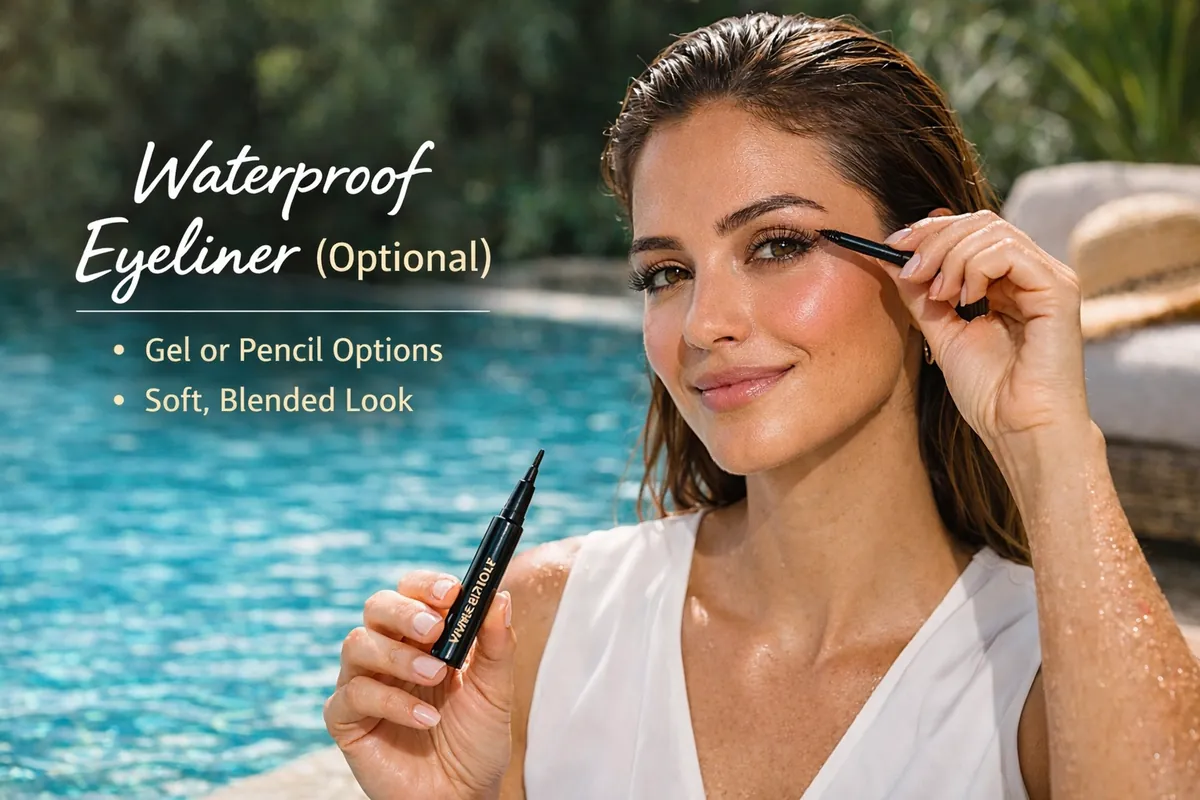Woman applying long-lasting lip tint by the pool for natural, even color