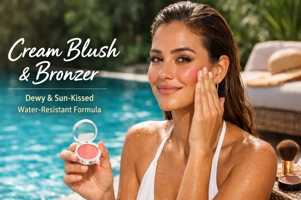 Woman by a pool applying setting spray — the secret to long-lasting waterproof makeup for pool parties