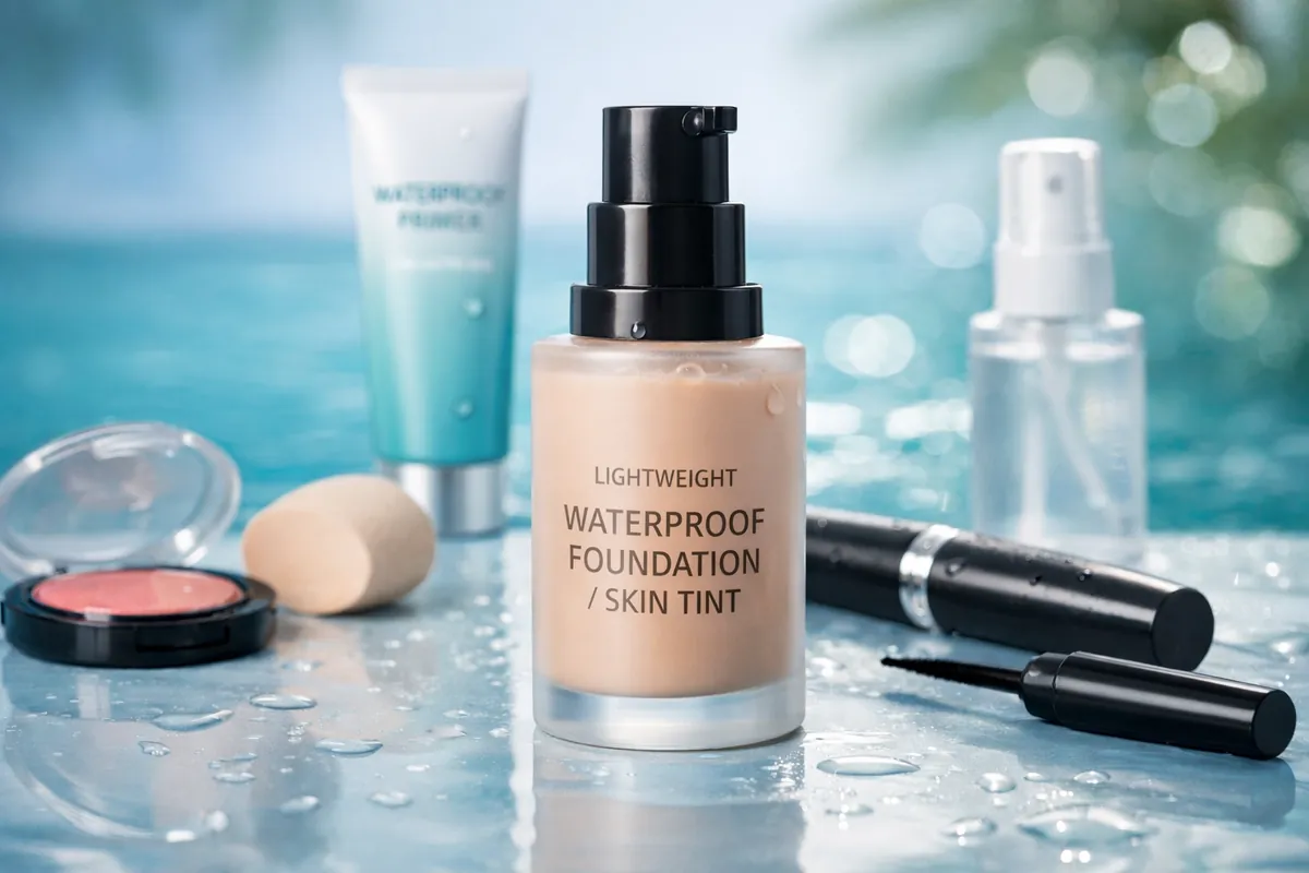 Woman applying waterproof mascara by the pool — no smudging, no streaks