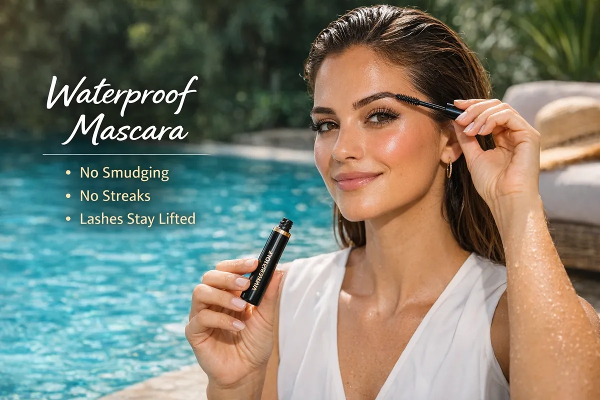 Waterproof primer tube with foundation, concealer and setting spray on a wet surface