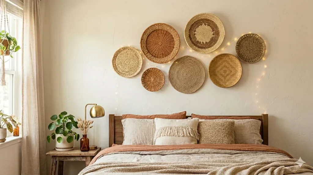Woven baskets and rattan wall decor above a cozy bedroom bed