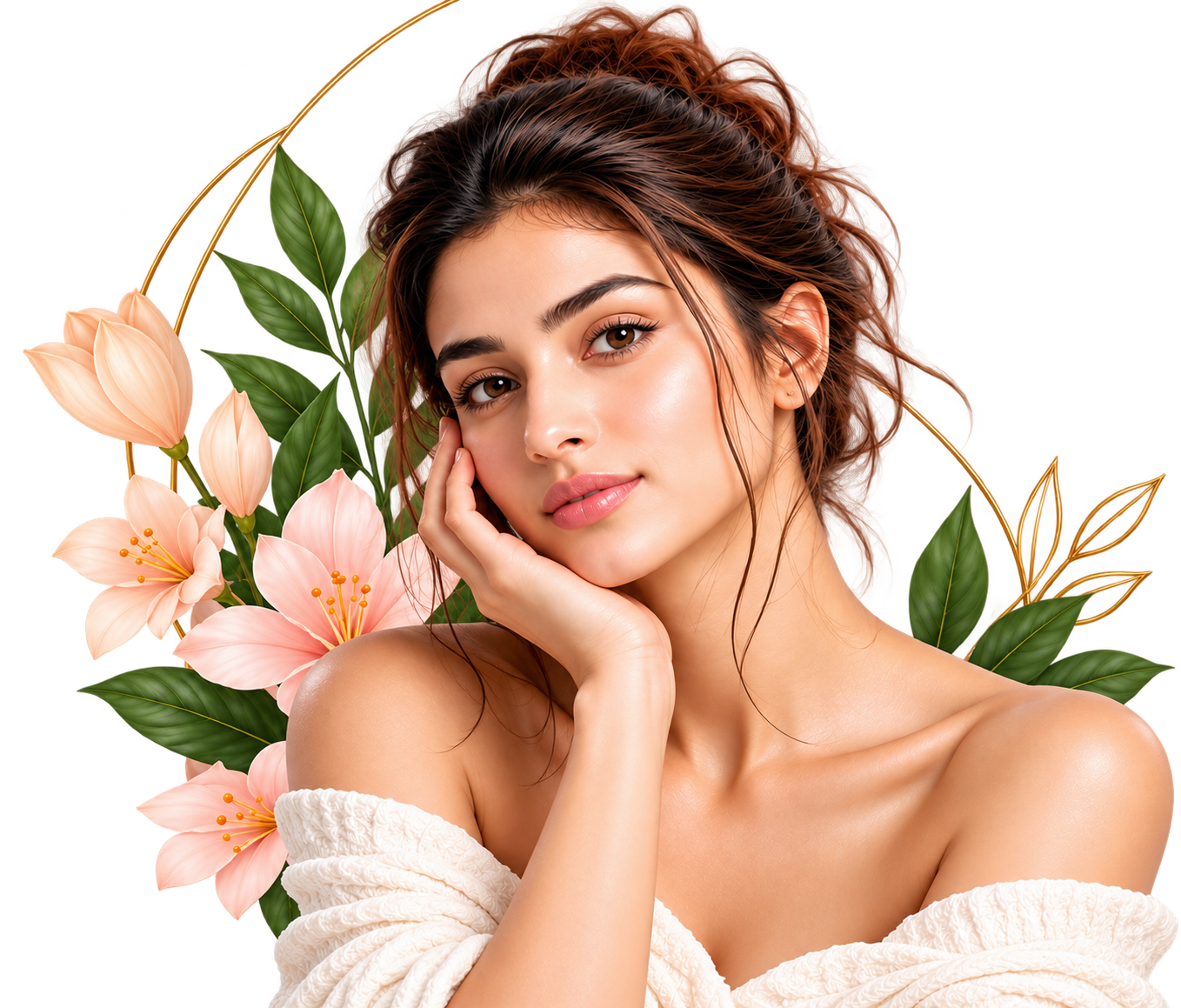 Woman with glowing skin surrounded by soft pink flowers