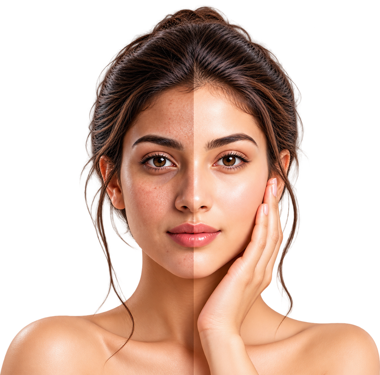 Split-face skincare transformation portrait