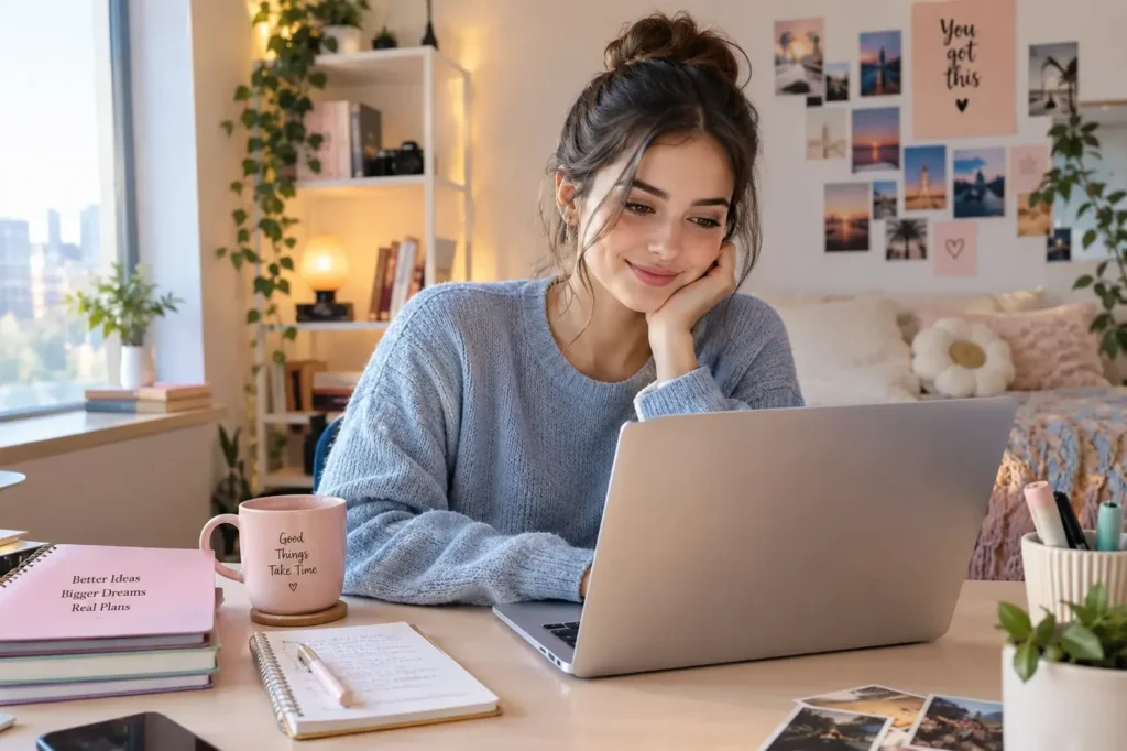 Young woman learning digital skills on her laptop at a cozy desk