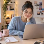 Young woman learning digital skills on her laptop at a cozy desk