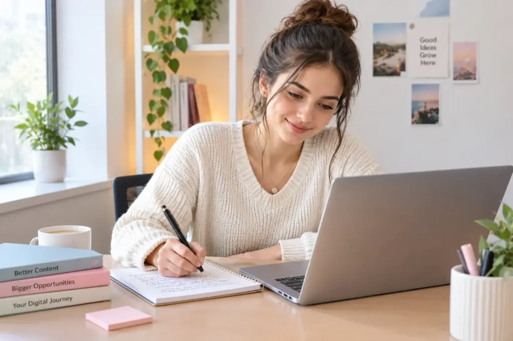 Woman writing notes beside her laptop – content writing and copywriting